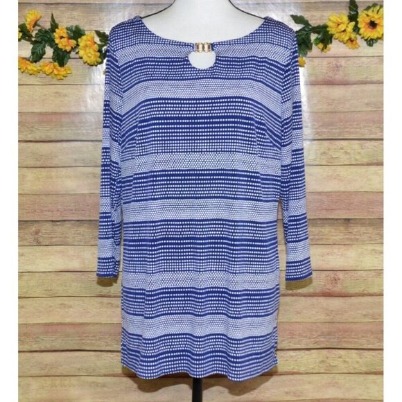 Jaclyn Smith Blouse Top Blue White Polka Dot Size L 3/4 Sleeve Career Casual - Picture 1 of 10